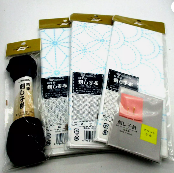 STARTER SET Naska SASHIKO Kit cut cloth white 3pcs with Needle Thread