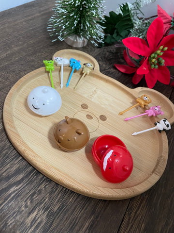 Japanese Bamboo Dish Animal Bear Plate for lunch picks christmas mini cups Set